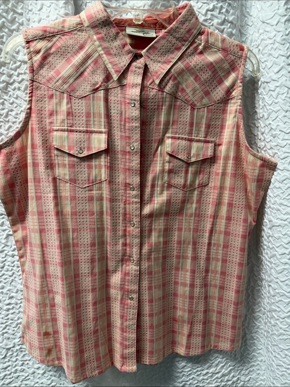 Wrangler Pink White Plaid Sleeveless Western Shirt Pearl Snap Front Size L